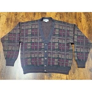 Vintage Brian MacNeil Wool Blend Brown Geometric Cardigan Sweater Men's Large